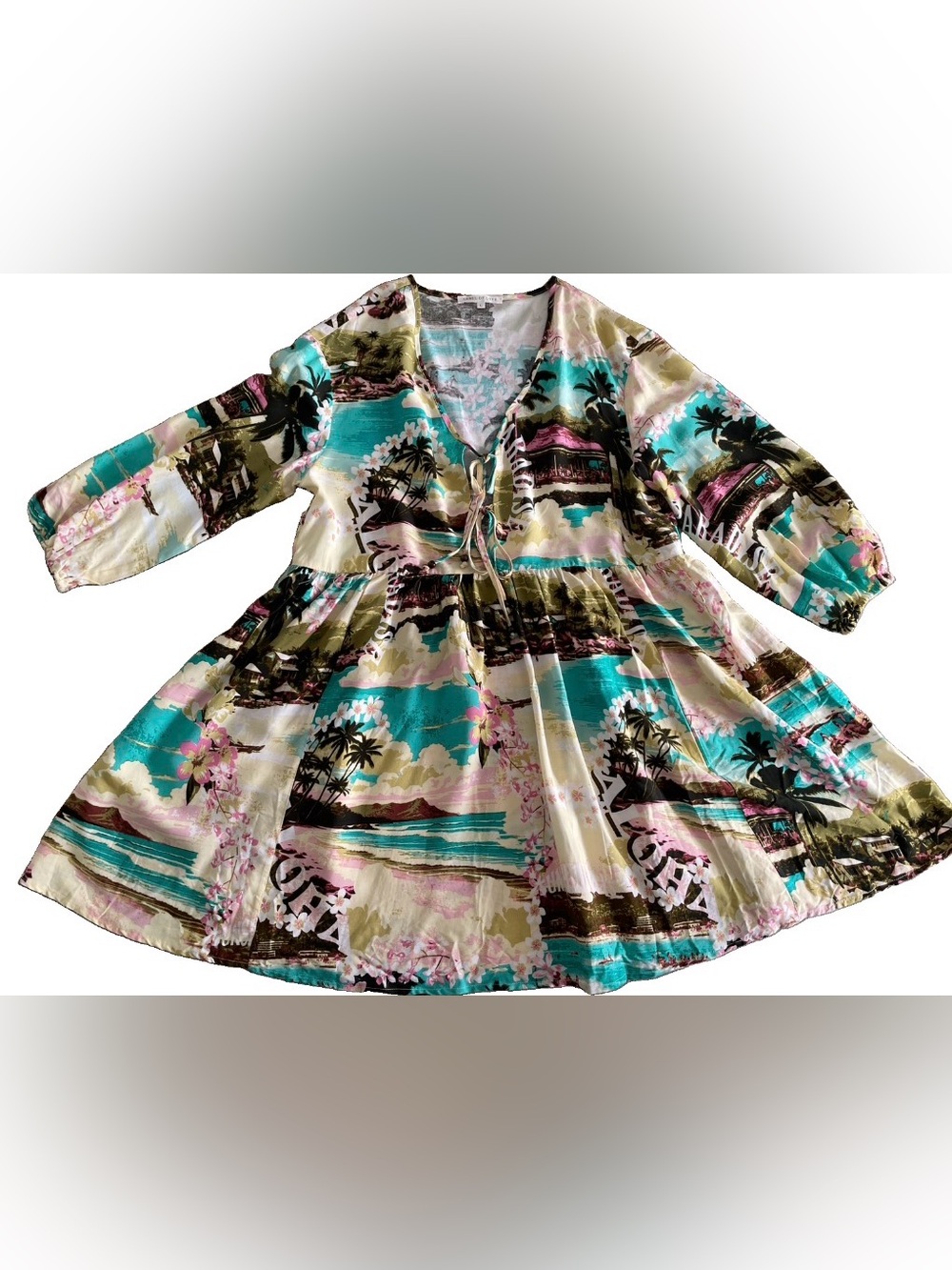 LABEL of LOVE NWOT Paradise HAWAII Print Hawaiian BABYDOLL DRESS Size Large